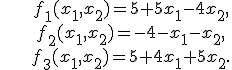 \begin{align*}&f_1(x_1,x_2) = 5+5x_1-4x_2,\\	&f_2(x_1,x_2) = -4-x_1-x_2,\\	&f_3(x_1,x_2) = 5+4x_1+5x_2.\end{align*}